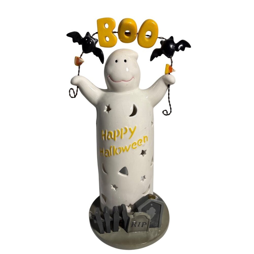 Halloween Ghost Candle Holder Ceramic With Boo & RIP Tombstone Design Cut Outs